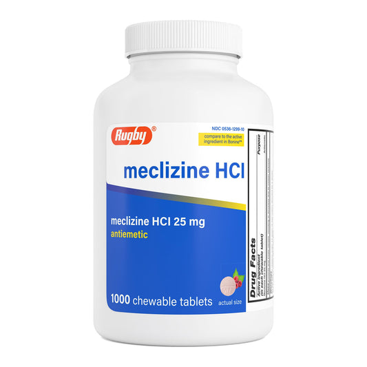 Rugby Laboratories Meclizine 25mg chewable bottle close-up, convenient travel relief.