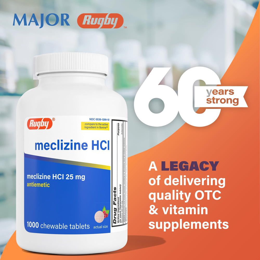 Rugby Laboratories Meclizine 25mg bottle on a travel table, pre-trip readiness.
