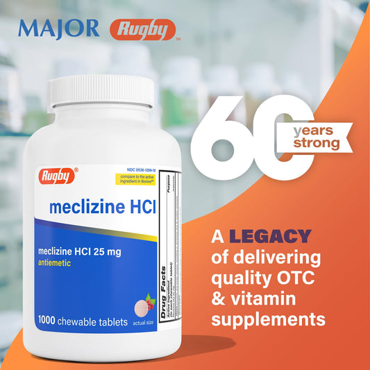 Rugby Laboratories Meclizine 25mg bottle on a travel table, pre-trip readiness.