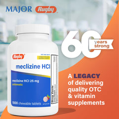 Rugby Laboratories Meclizine 25mg bottle on a travel table, pre-trip readiness.
