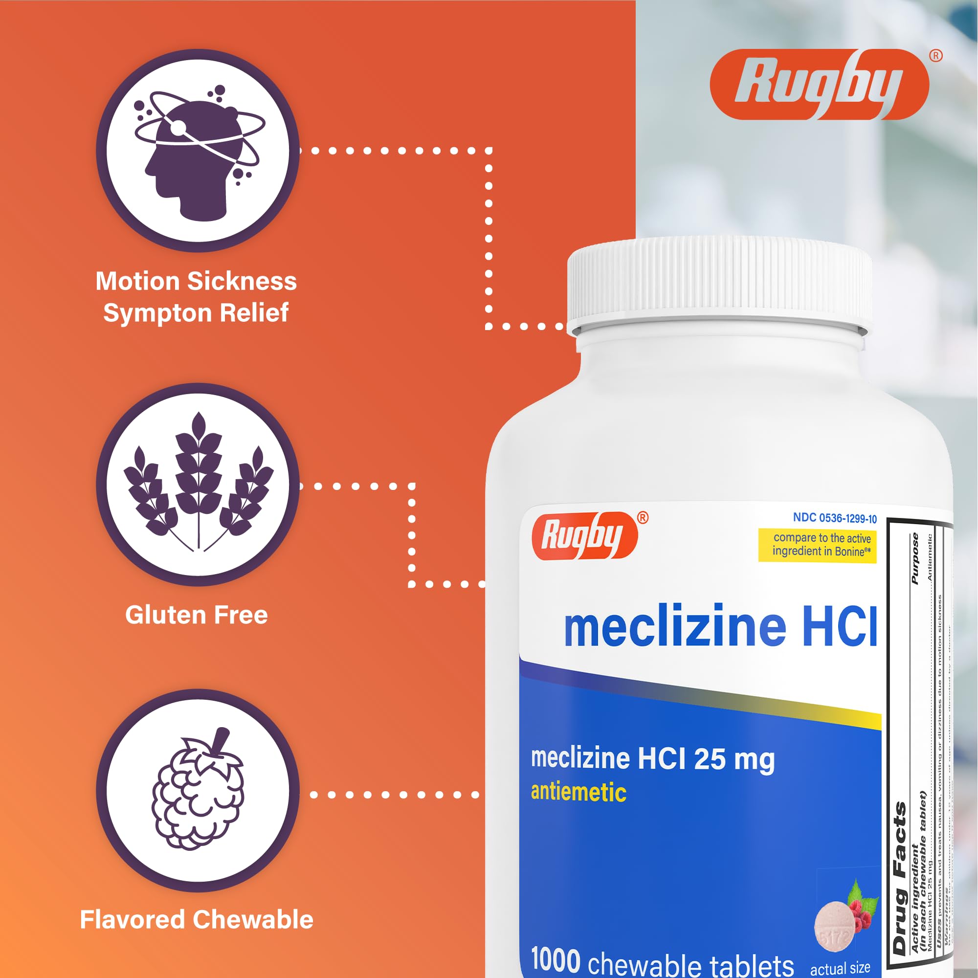 Rugby Laboratories Meclizine 25mg chewables, take-before-travel for potential motion comfort.