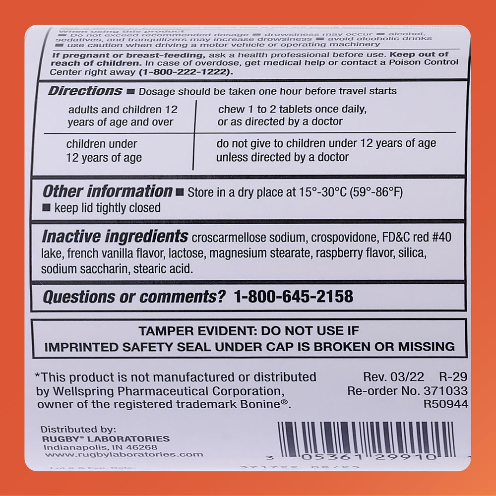 Rugby Laboratories Meclizine 25mg in travel kit, ready when symptoms appear.