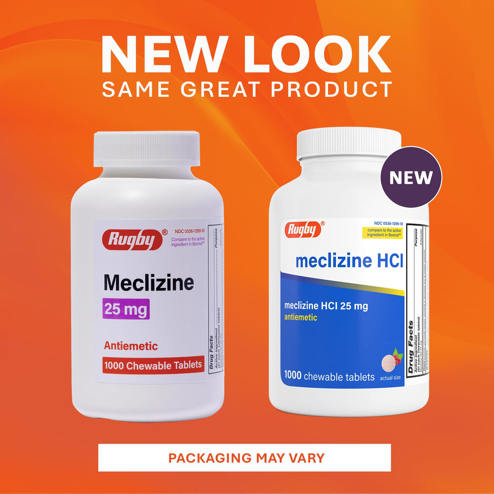 Rugby Laboratories Meclizine 25mg chewable tablets on hand, easy pre-travel dosing.