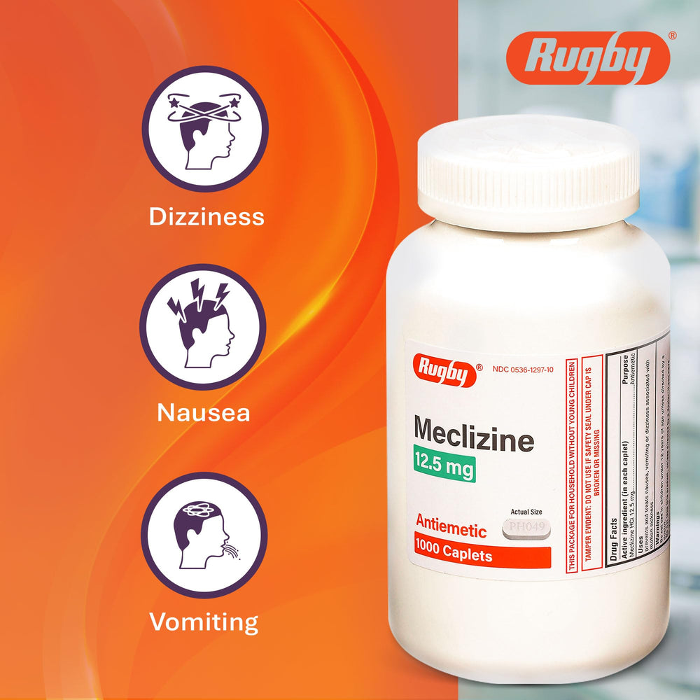 Rugby Laboratories Meclizine caplets in purse-size packaging for road trips