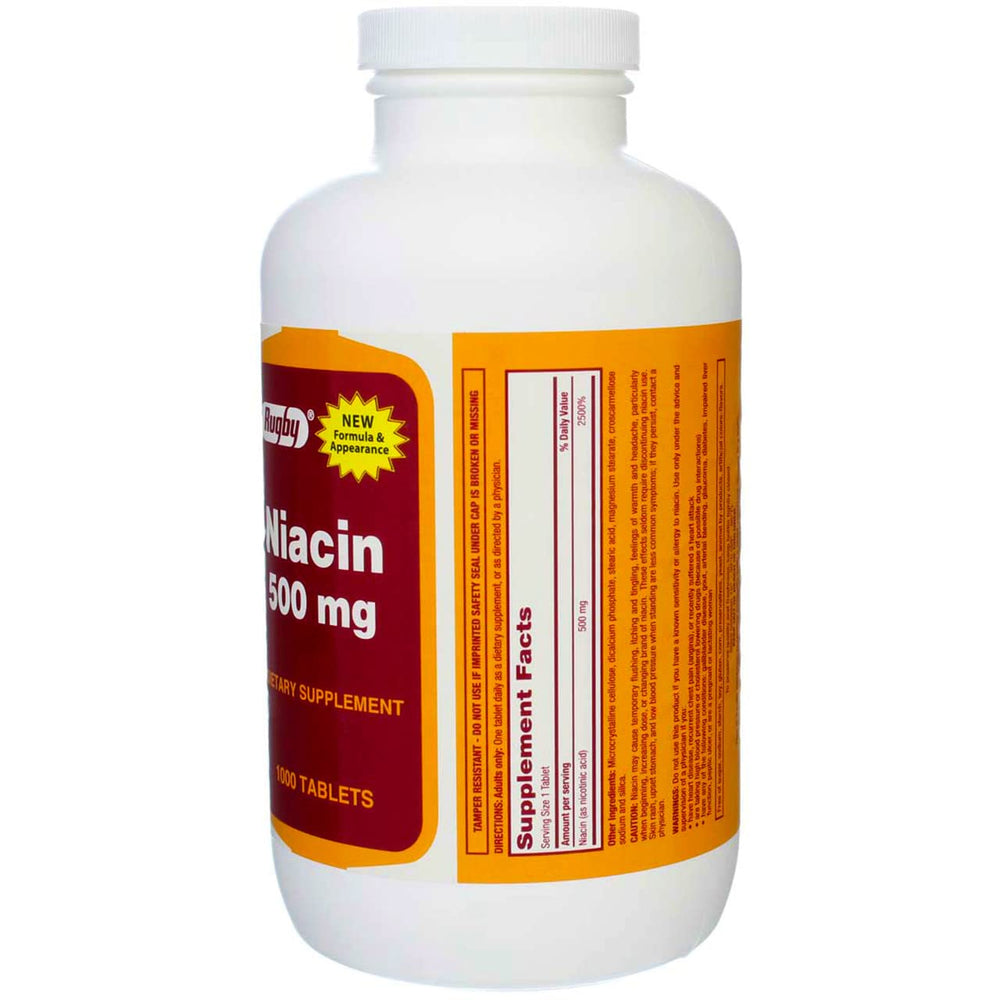 Rugby Laboratories Niacin 500mg bottle label showing dosage and safety guidance.