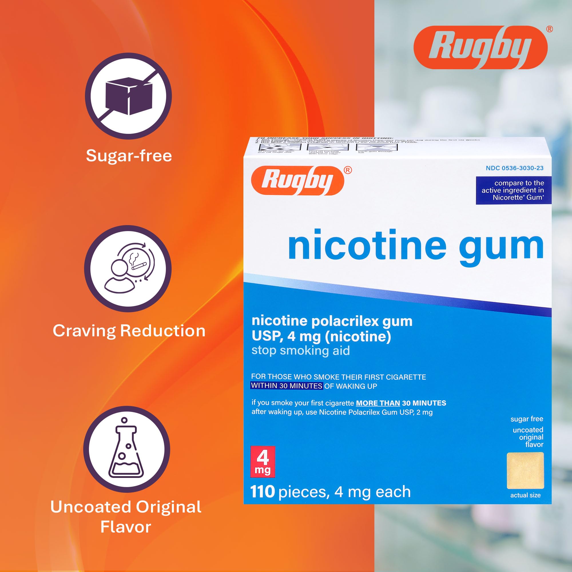 Rugby Laboratories nicotine gum original flavor packaging beside coffee
