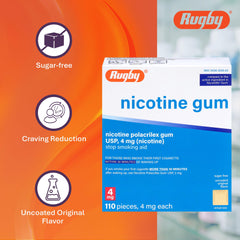 Rugby Laboratories nicotine gum original flavor packaging beside coffee