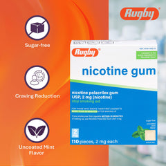 Rugby Laboratories nicotine gum 2mg 110-count packaging for steady supply.
