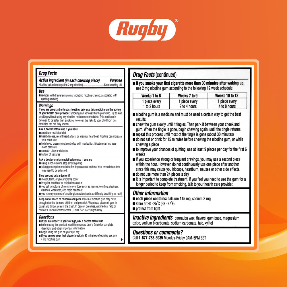 Rugby Laboratories nicotine gum 2mg discreet usage for on-the-go support.