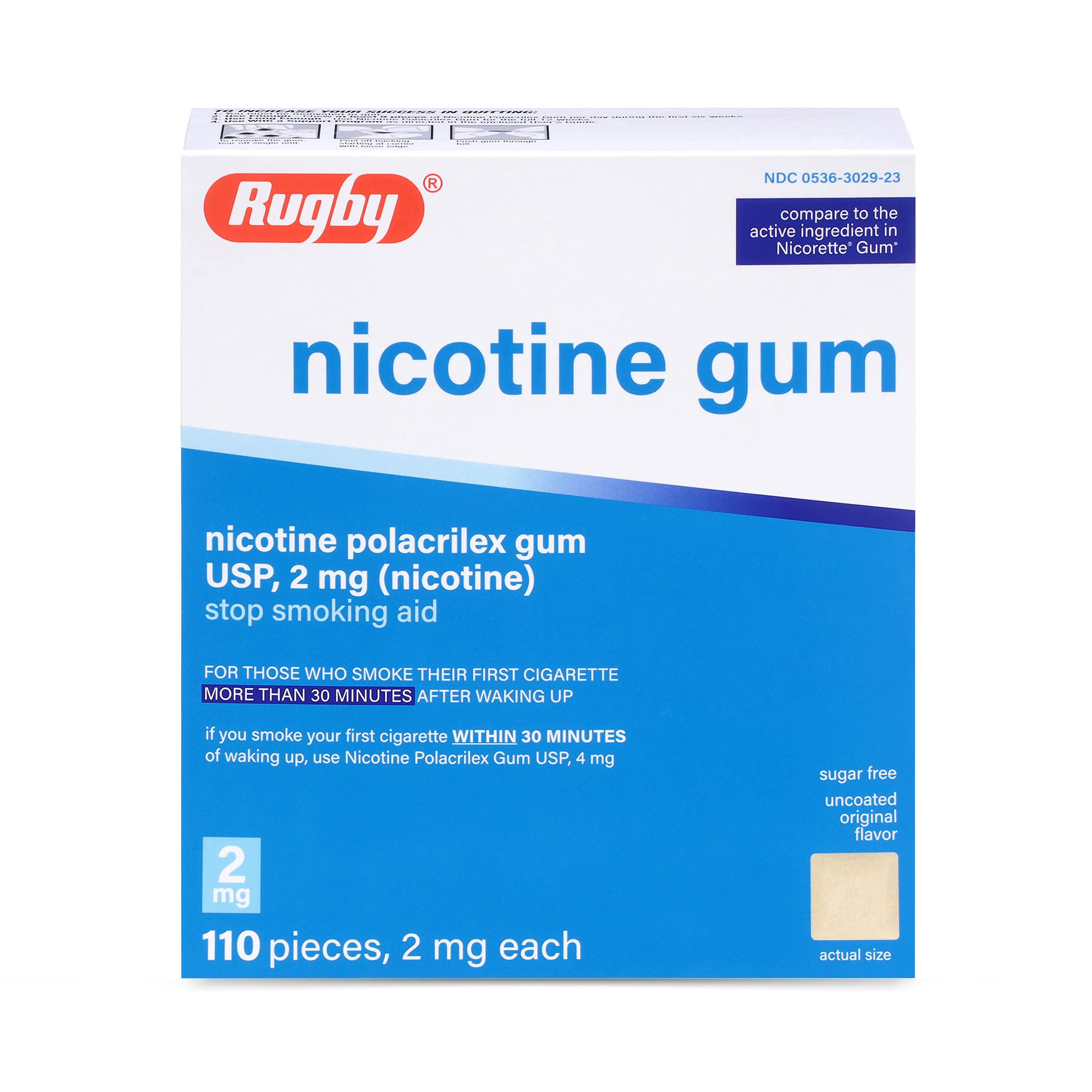 Rugby Laboratories nicotine gum 2mg original front pack, convenient quit support.