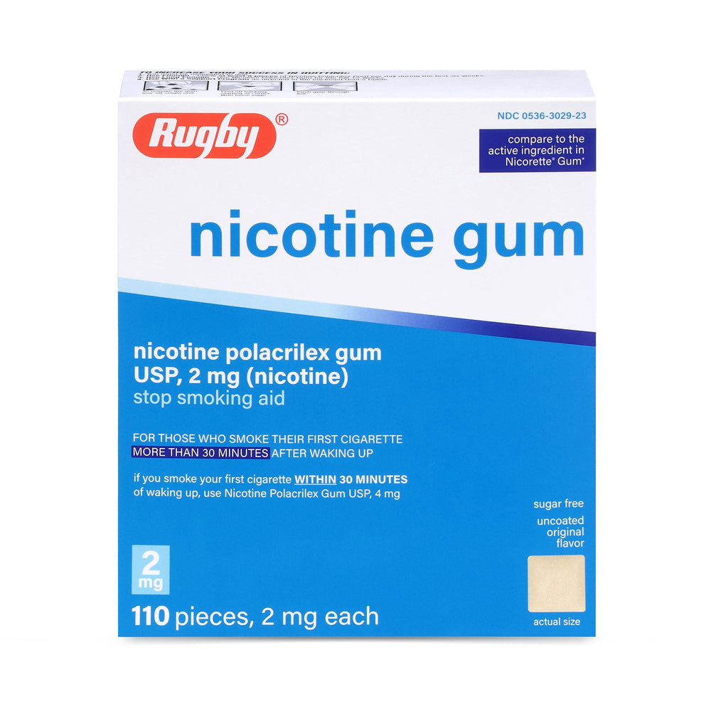 Rugby Laboratories nicotine gum 2mg original front pack, convenient quit support.