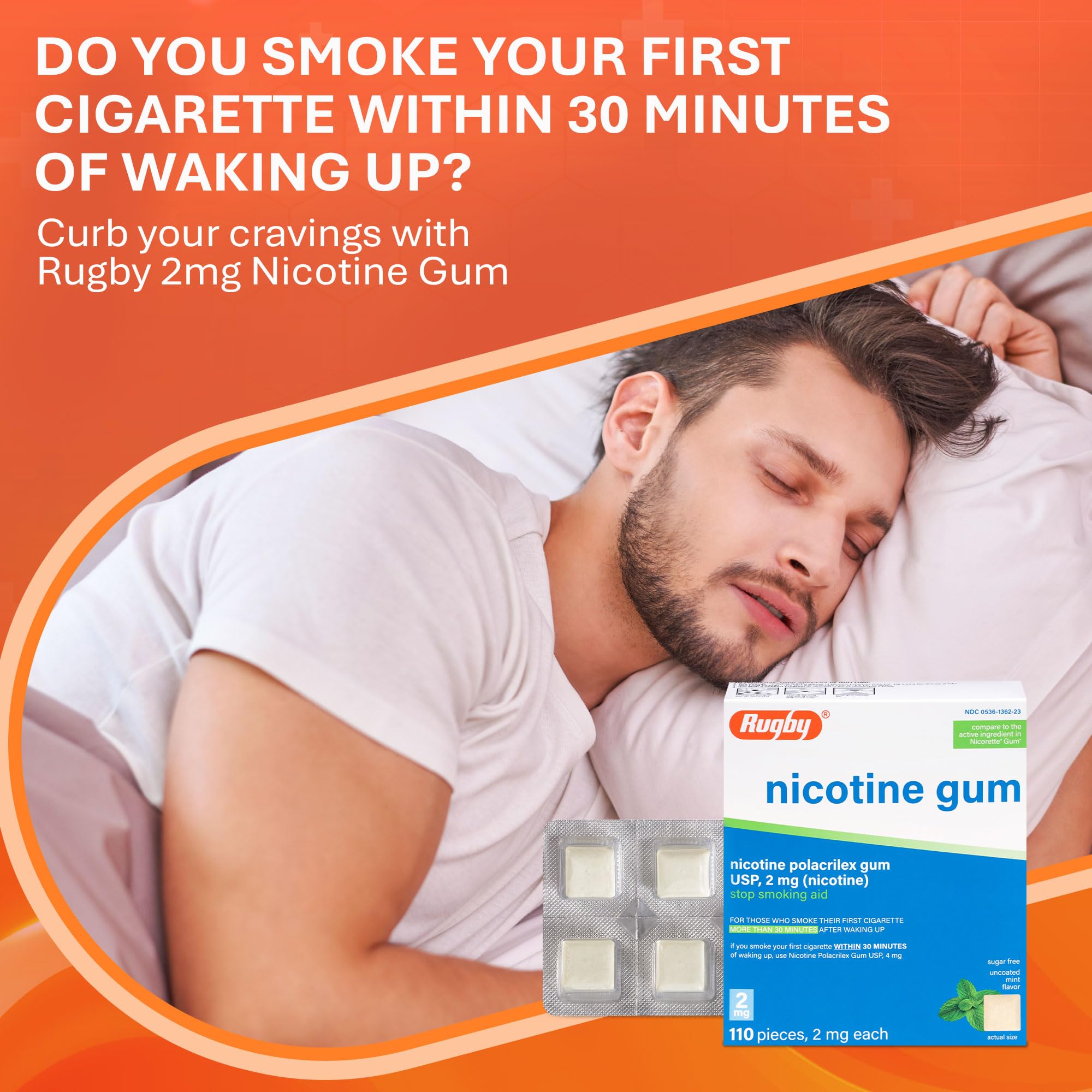 Rugby Laboratories nicotine gum 2mg sugar-free label highlights health-conscious choice.