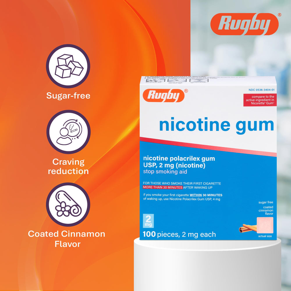 Rugby Laboratories polacrilex gum cinnamon flavor close-up emphasizes pleasant taste.