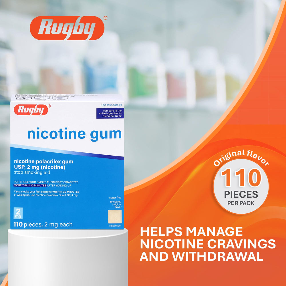 Rugby Laboratories polacrilex 2mg gum original packaging close-up for discreet use