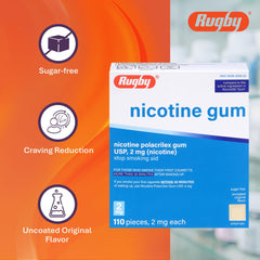 Rugby Laboratories polacrilex 2mg gum sugar-free label highlighting health-friendly choice