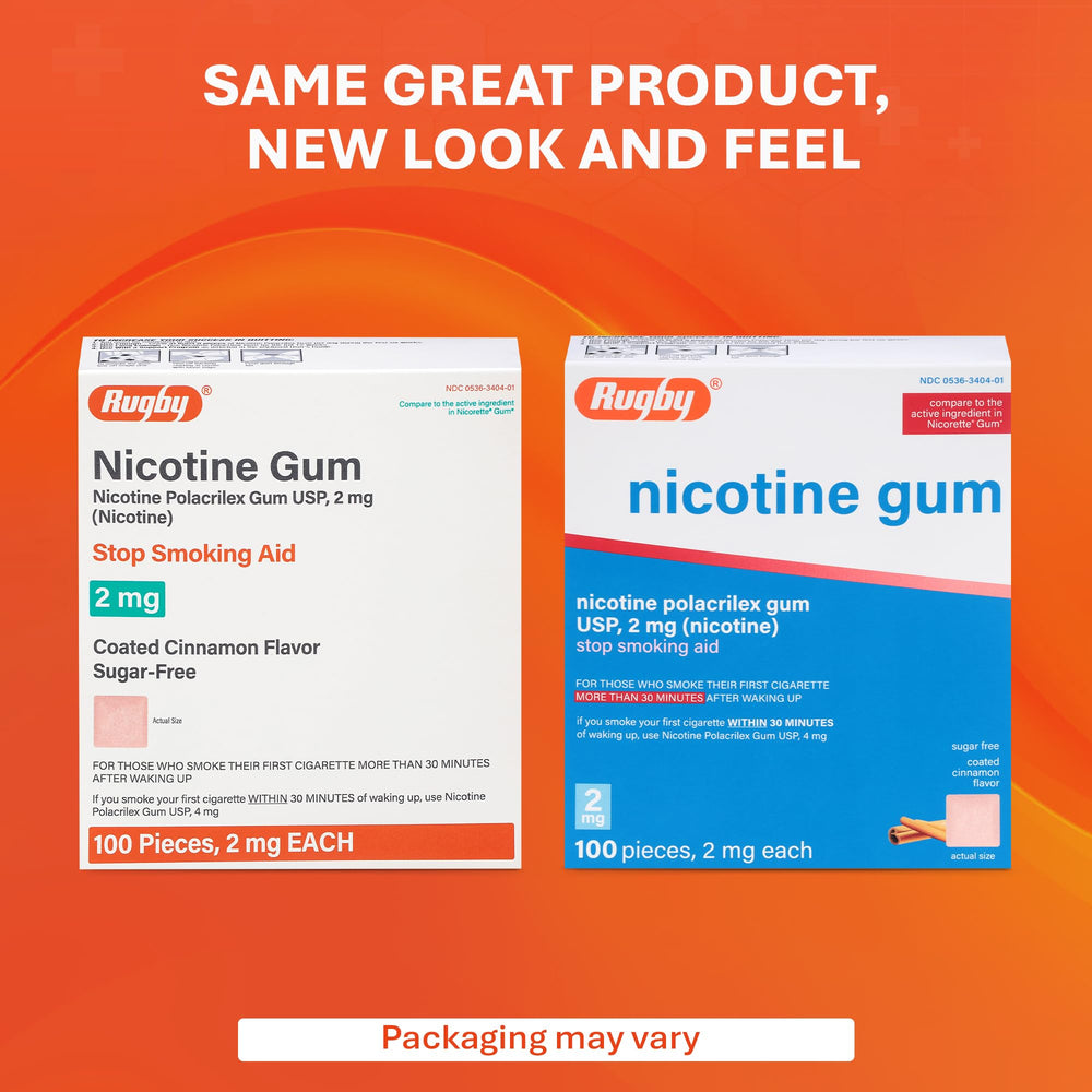 Rugby Laboratories quit-smoking aid gum pack shows convenient, on-demand craving relief.