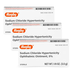 Rugby Laboratories sodium chloride ophthalmic ointment bottle close-up with 5% formula for temporary eye relief.