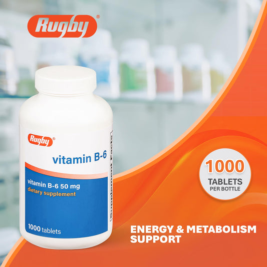 Rugby Vitamin B6 tablets back label - gluten-free formula supports daily wellness.