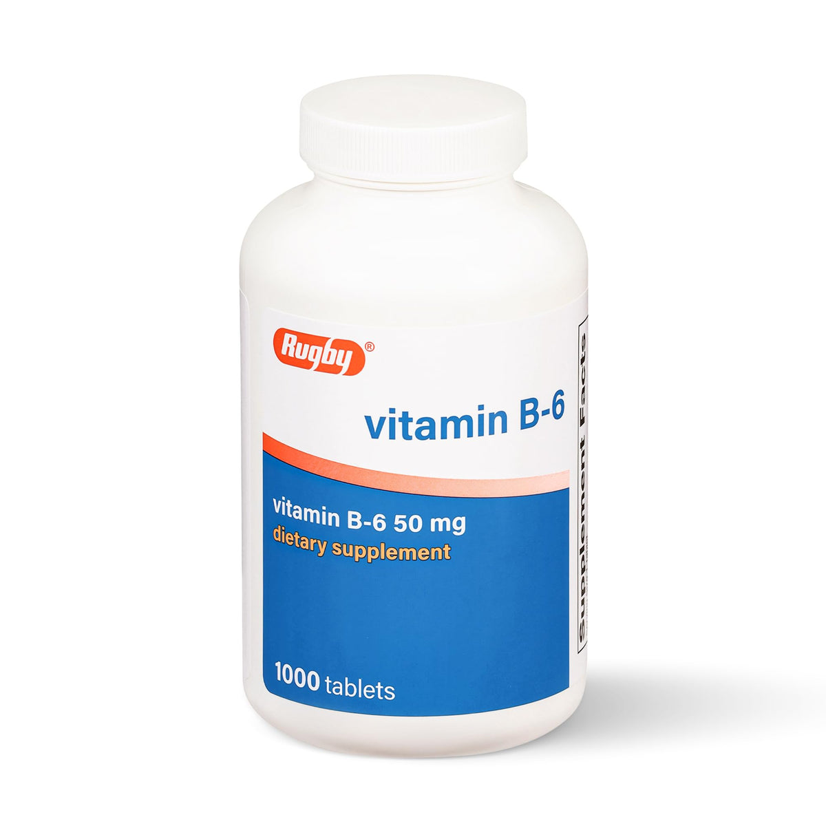 Rugby Laboratories Vitamin B6 tablets bottle shows easy daily support for energy metabolism.