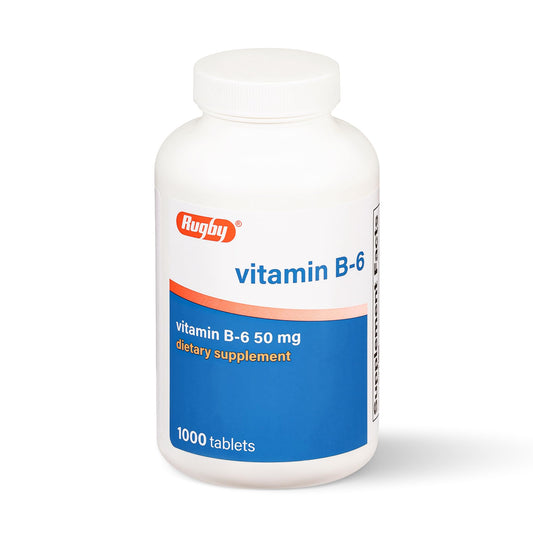 Rugby Laboratories Vitamin B6 tablets bottle shows easy daily support for energy metabolism.