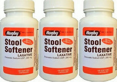 Close-up of Rugby Docusate 250 mg softgels showing easy-to-swallow capsules for daily use.