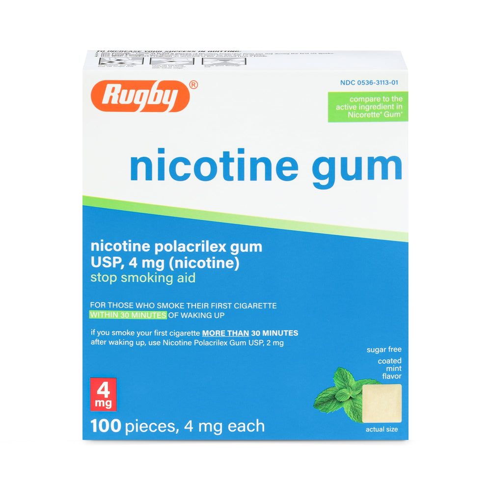 Rugby Laboratories 4mg mint nicotine gum pack for discreet craving relief.