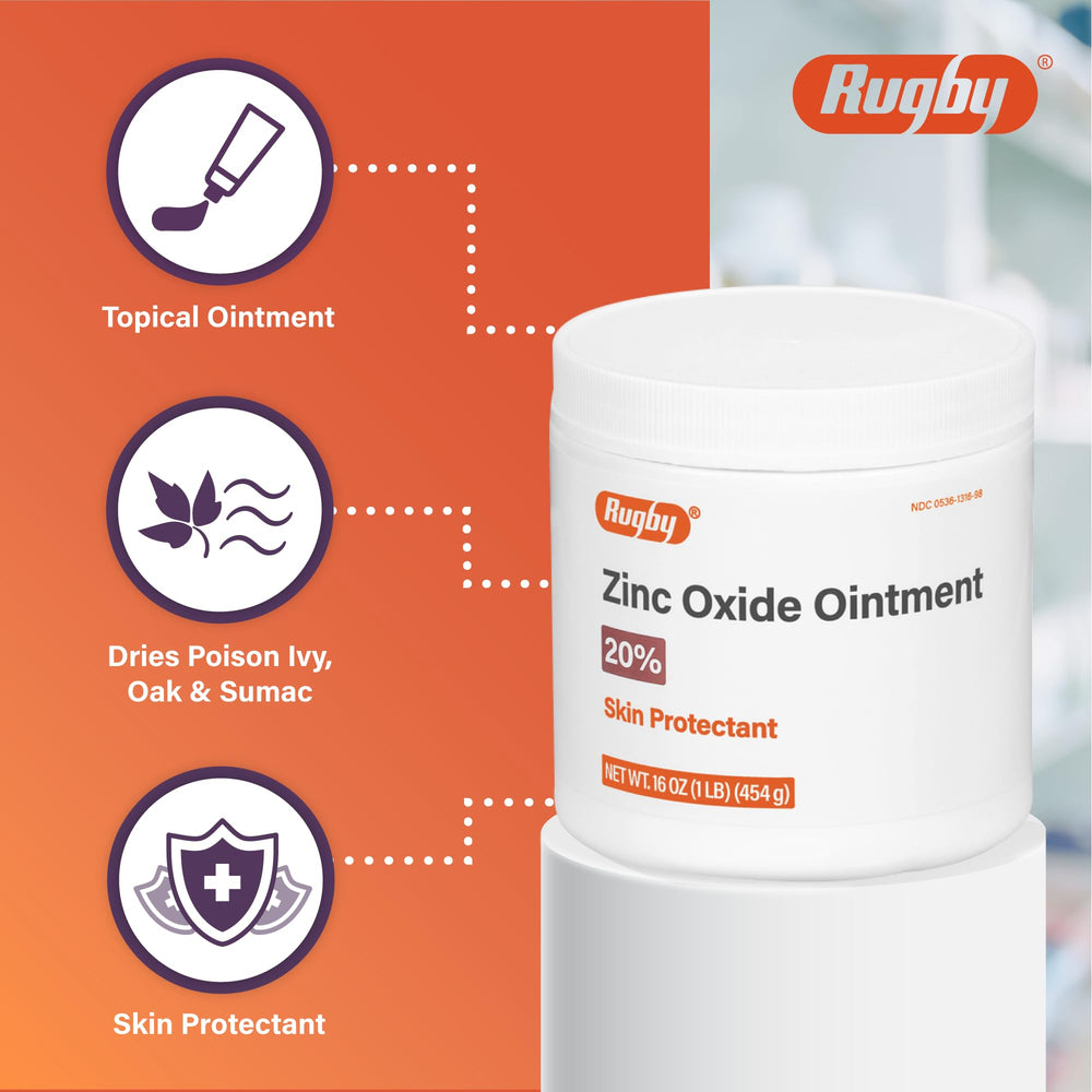 Rugby Laboratories Zinc Oxide Ointment label, clear ingredients and usage directions.