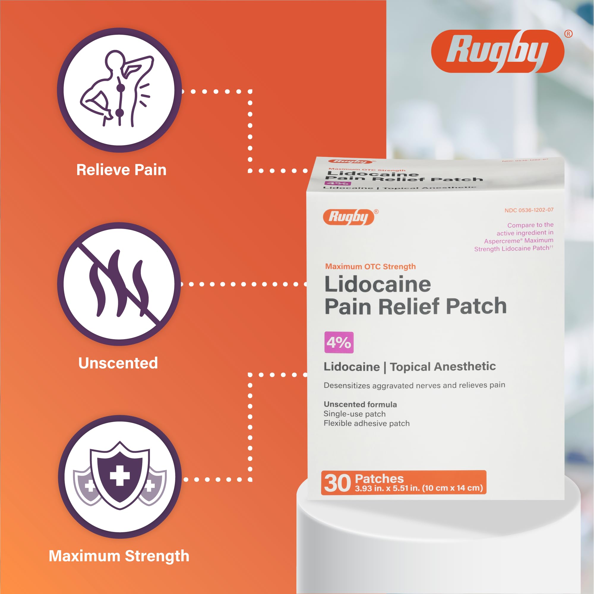 Rugby Lidocaine patch application on skin demonstrating placement
