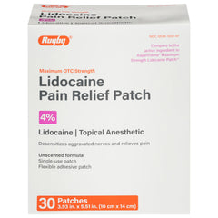 Rugby Lidocaine patch unscented box front, packaging for targeted relief