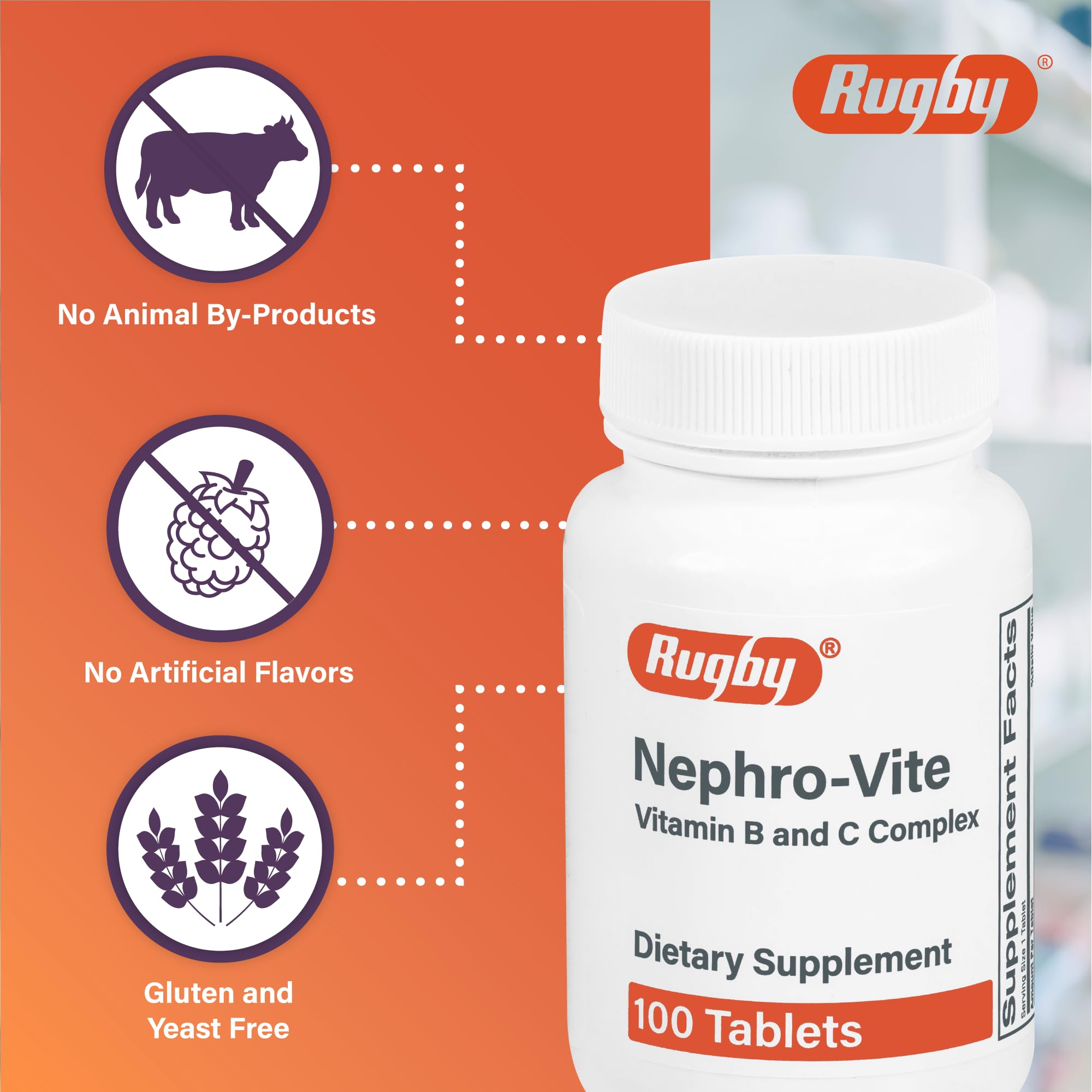 Rugby Nephro-Vite: etiqueta de la botella destaca vitaminas B y C.