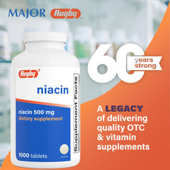 Rugby Niacin 500mg bottle label highlights 1,000-count pack