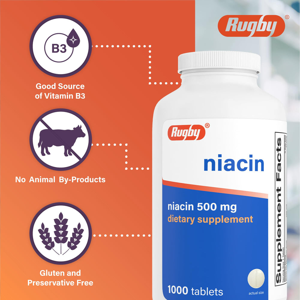 Rugby Niacin 500mg tablet in hand for daily use