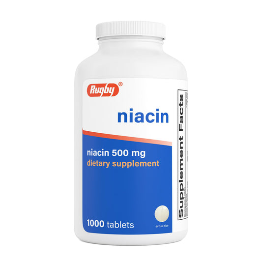 Rugby Niacin 500mg tablets in bottle for daily use