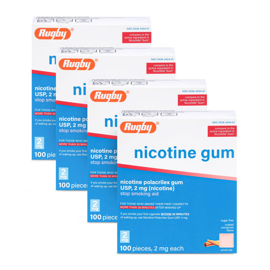 Rugby nicotine gum 2mg cinnamon pack tingling sensation for craving relief.
