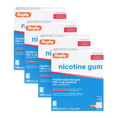 Rugby nicotine gum 2mg cinnamon pack tingling sensation for craving relief.
