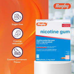Rugby nicotine gum 2mg cinnamon sugar-free label demonstrates healthier snacking alternative.