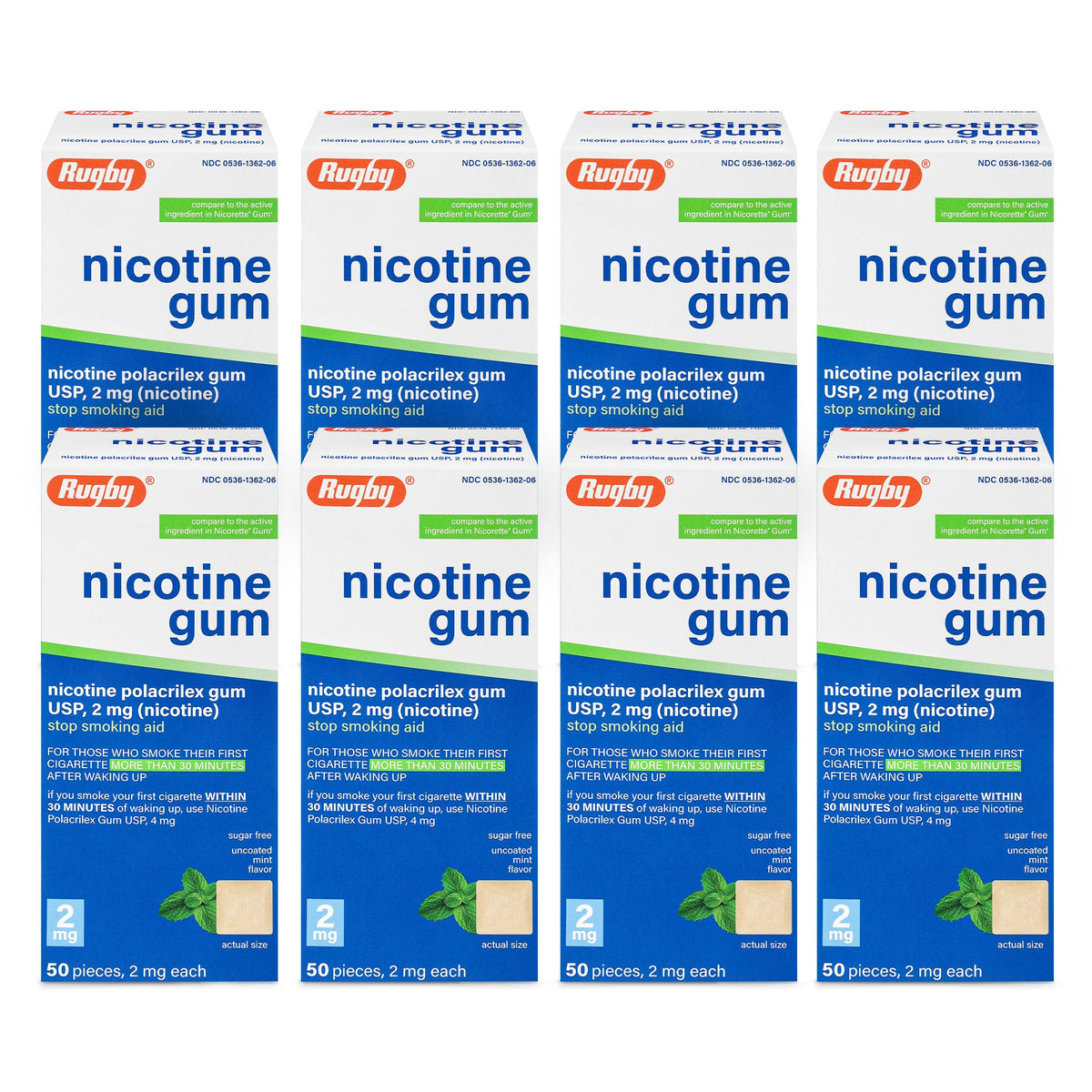 Rugby Nicotine Gum 2mg Mint box ready for craving relief in a sugar-free format.