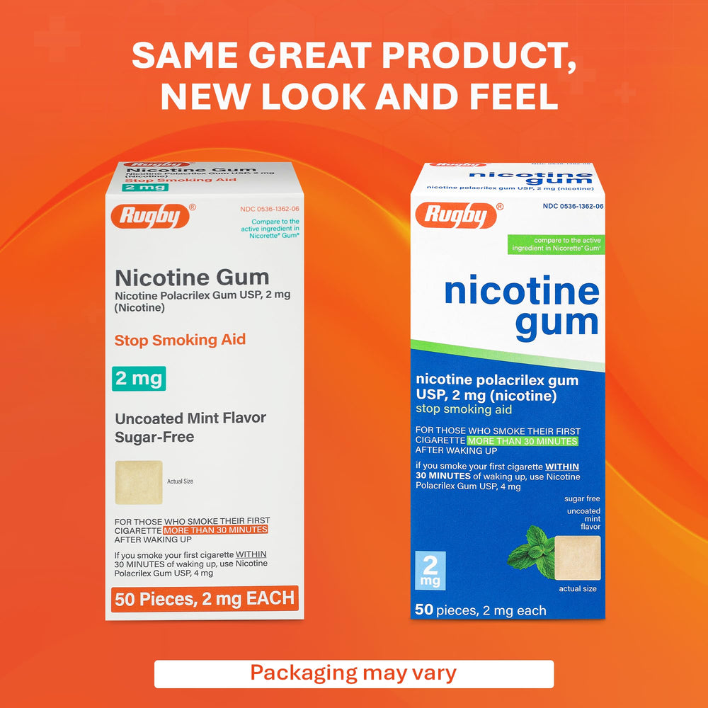 Rugby Nicotine Gum 2mg Mint pack-back highlights dosage plan for reduction.