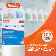 Rugby Nicotine Gum 4mg Cinnamon box back highlights usage and safety notes.