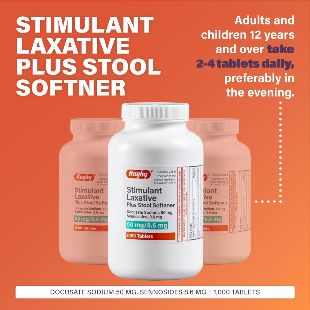 Rugby Stimulant Laxative Plus active ingredients label for reliable stool support.