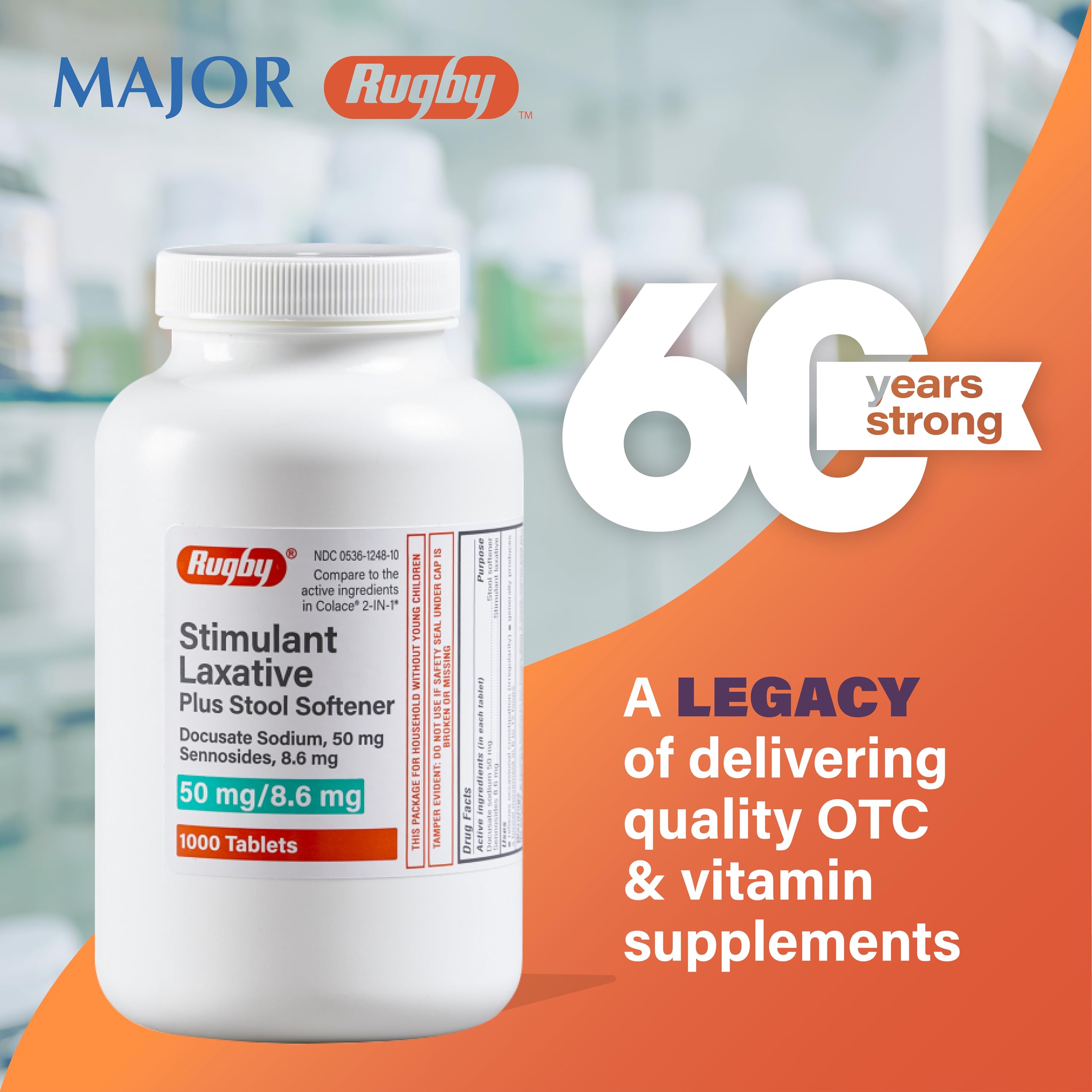 Rugby Stimulant Laxative Plus bottle close-up highlighting convenient daily dosing.