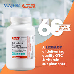 Rugby Stimulant Laxative Plus bottle close-up highlighting convenient daily dosing.