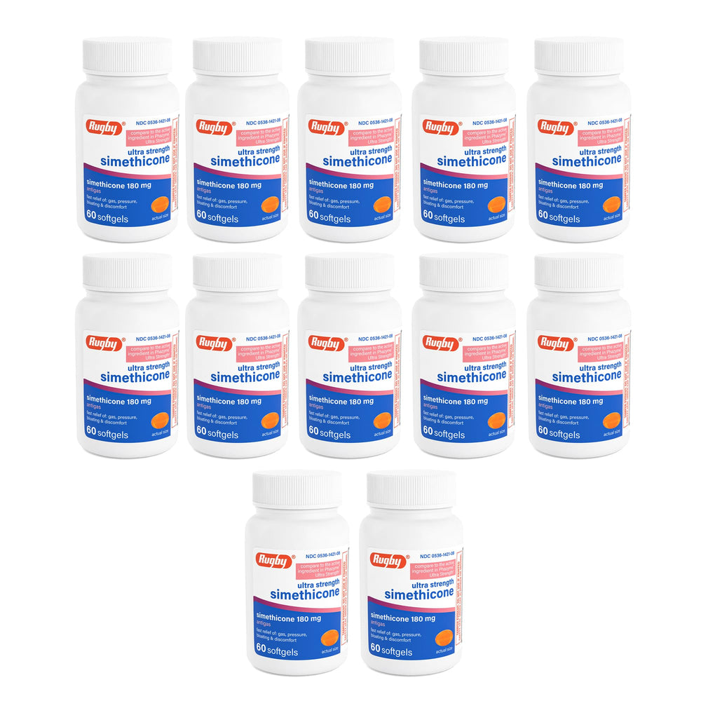 Rugby Ultra Strength gas relief bottle with 180 mg softgels for post-meal comfort.