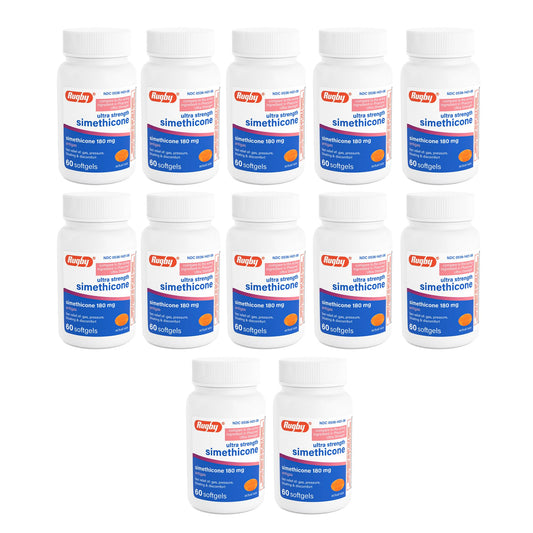 Rugby Ultra Strength gas relief bottle with 180 mg softgels for post-meal comfort.