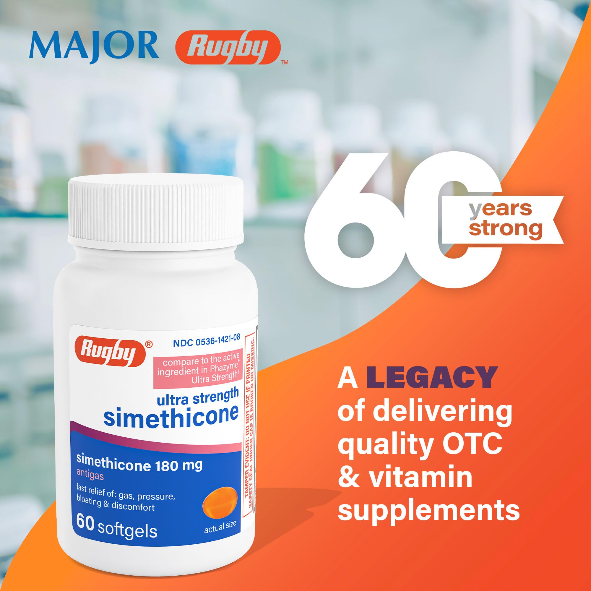 Closeup of Rugby simethicone softgel 180 mg for fast anti-foaming support after meals.