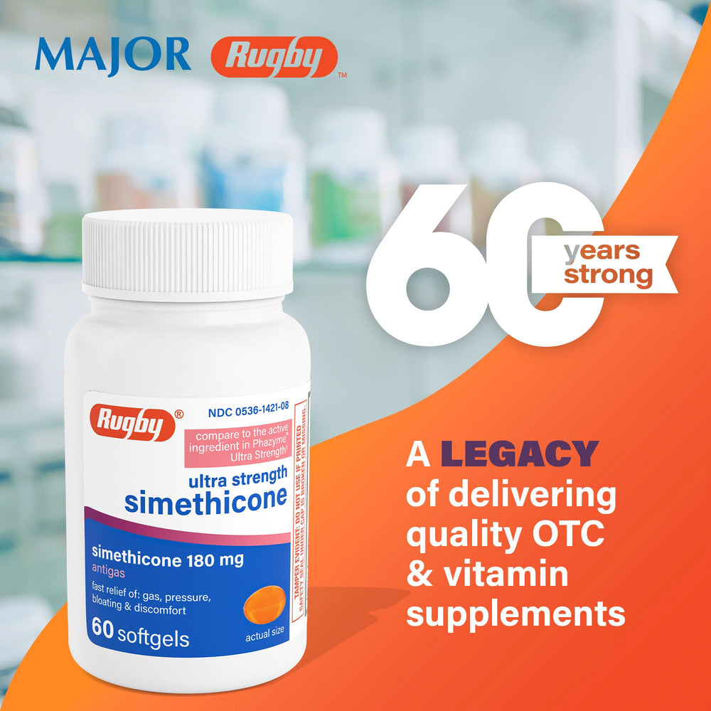 Closeup of Rugby simethicone softgel 180 mg for fast anti-foaming support after meals.