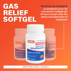 Rugby Ultra Strength softgel label highlighting 180 mg simethicone for targeted relief.