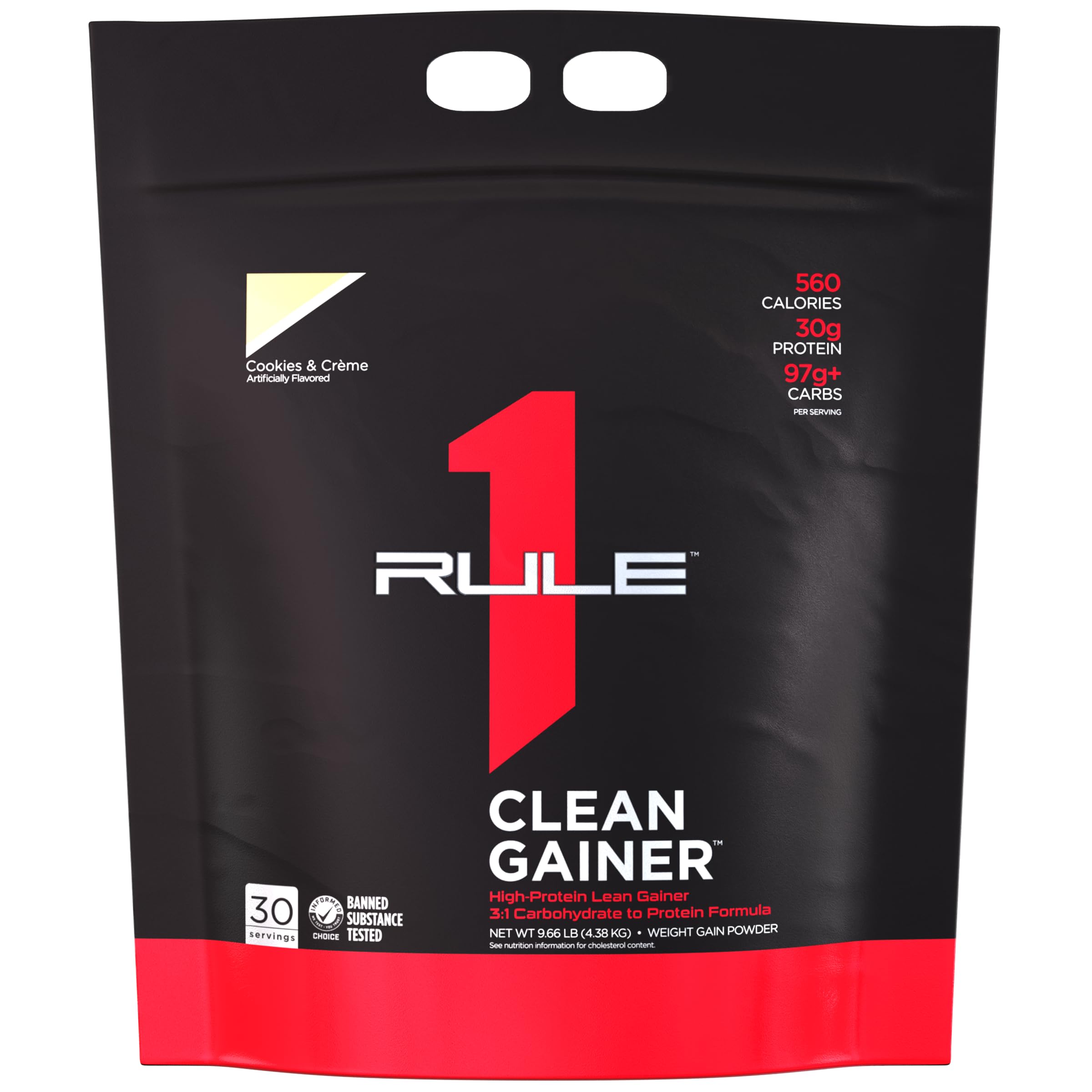 Rule 1 Clean Gainer bottle ready to mix for a high-calorie shake.