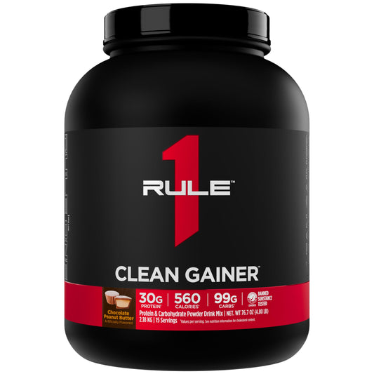 Rule 1 Clean Gainer shake in glass for a post-workout energy boost