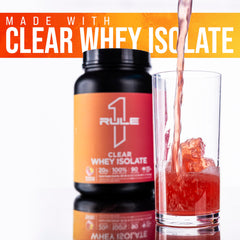 Rule 1 Clear Whey Isolate mixing bottle shows easy blending and a refreshing flavor.